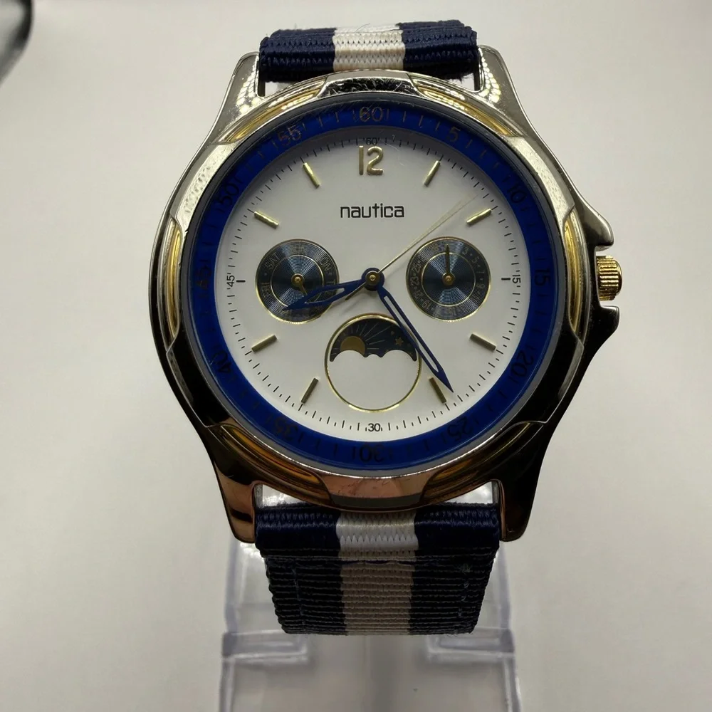 Nautica Vintage Moon Phase Watch 39mm Unisex Blue White Nylon Band (New Battery)